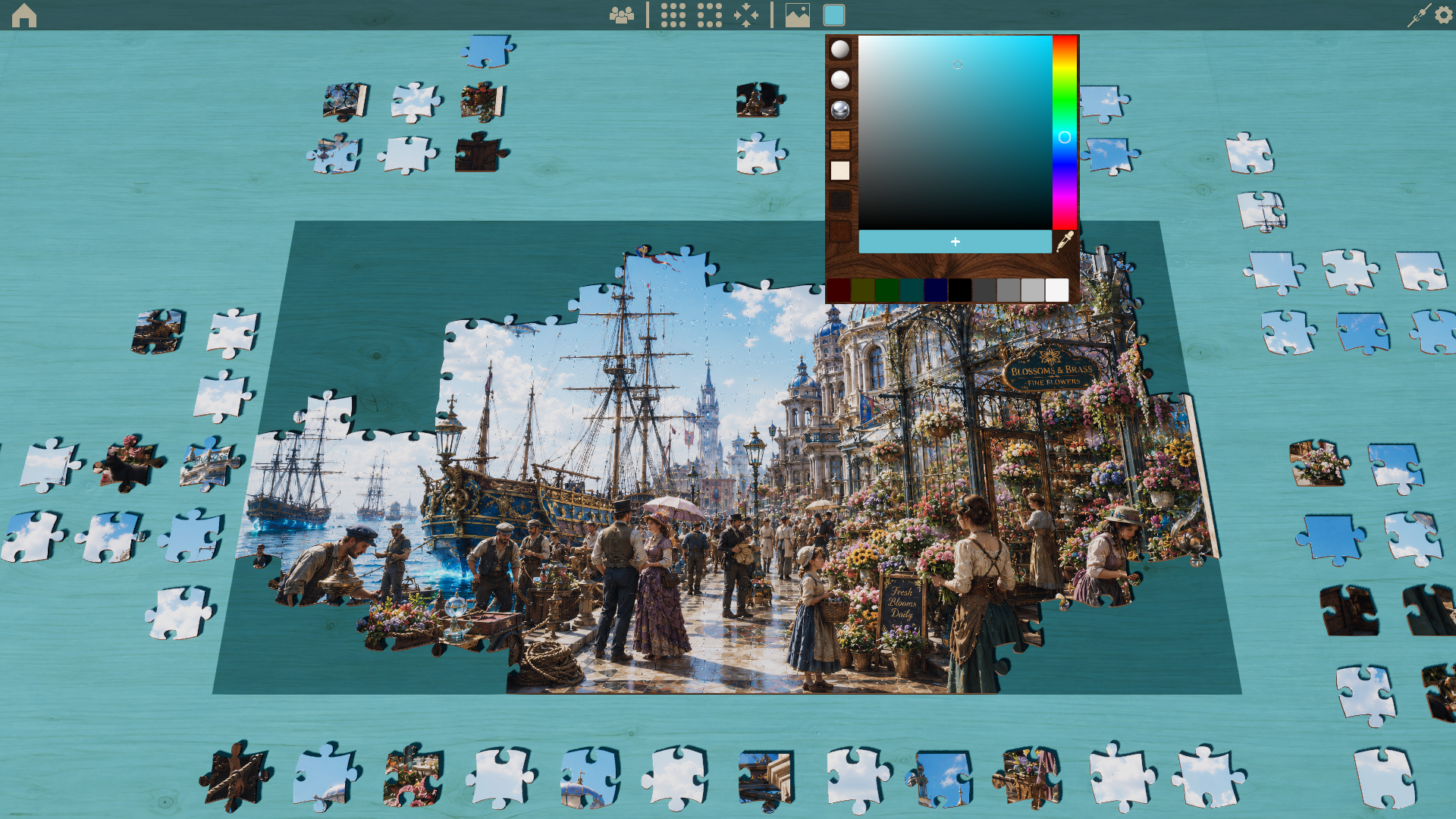 Glassport Wharf puzzle scene with color picker